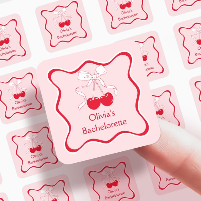 Red and Pink Wavy Bow Cherry On Top Favor Square Sticker (Creator Uploaded)