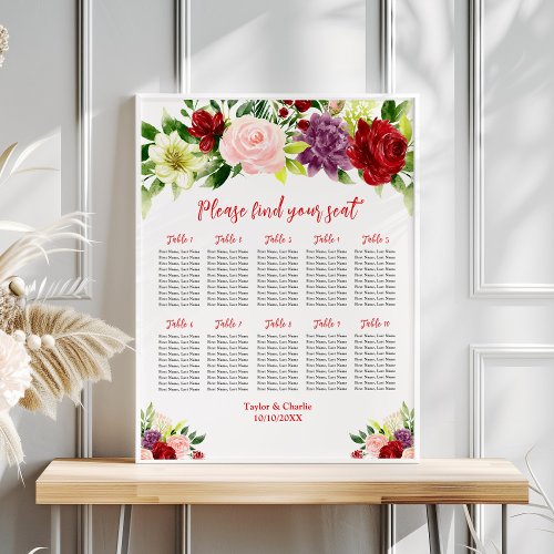 Red and Pink Wedding 10 Tables Seating Chart