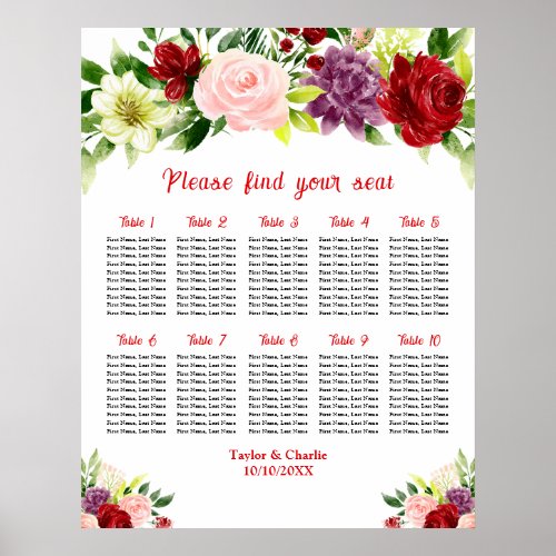 Red and Pink Wedding 10 Tables Seating Chart