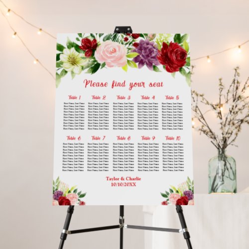 Red and Pink Wedding 10 Tables Seating Chart Foam Board