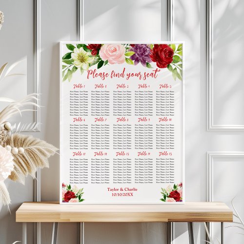 Red and Pink Wedding 15 Tables Seating Chart