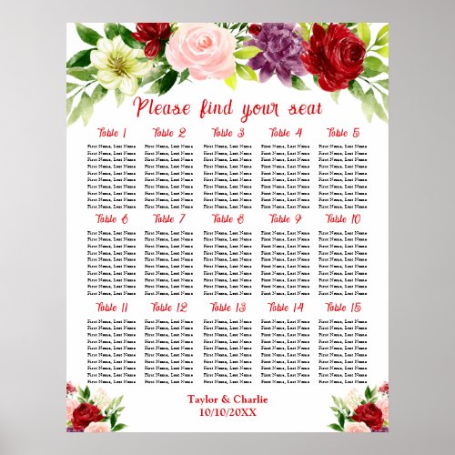 Red and Pink Wedding 15 Tables Seating Chart