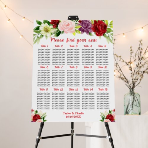Red and Pink Wedding 15 Tables Seating Chart Foam Board