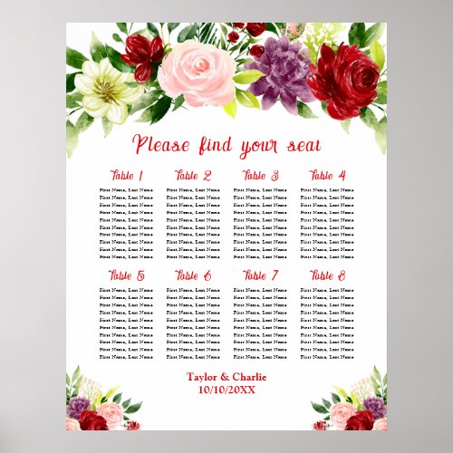 Red and Pink Wedding 8 Tables Seating Chart
