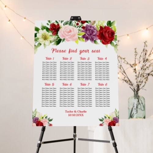 Red and Pink Wedding 8 Tables Seating Chart Foam Board
