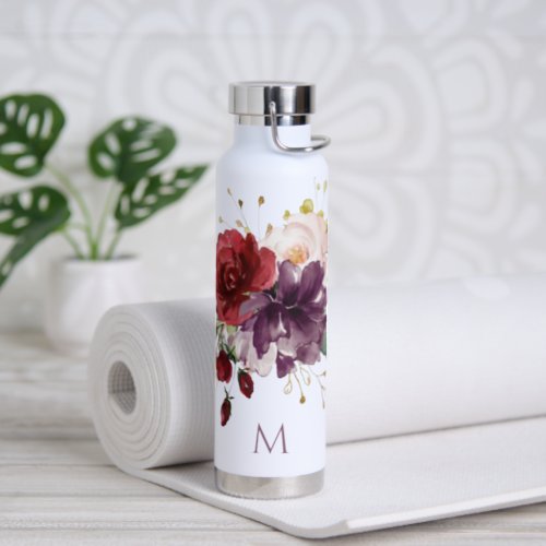 Red and Plum Roses Watercolor Floral with Monogram Water Bottle