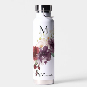 Red and Plum Roses Watercolor Floral with Monogram Water Bottle