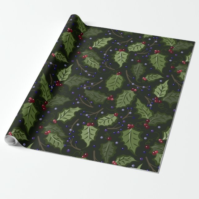 Red and Purple Berries Holly Christmas  Wrapping Paper (Unrolled)