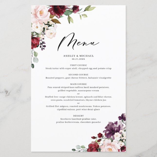 Red and Purple Fall Flowers Wedding Menu Card (Front)