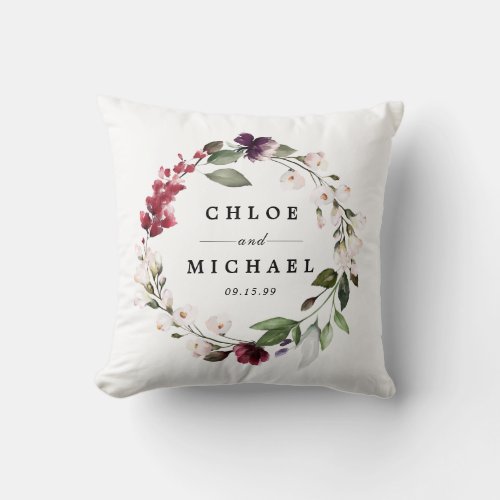 Red and Purple Floral Botanical Wreath Throw Pillow