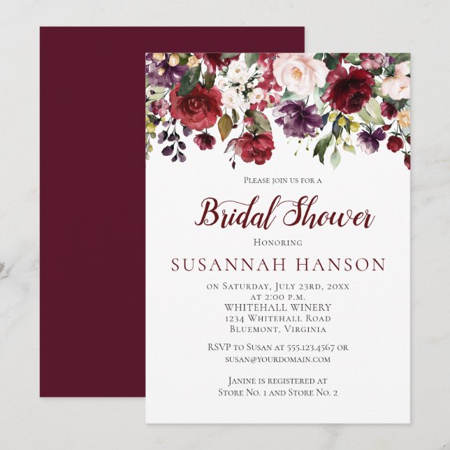 Red and Purple Floral Bouquet Drop Bridal Shower Invitation (Front/Back)