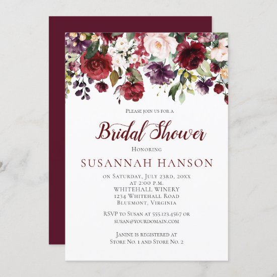 Red and Purple Floral Bouquet Drop Bridal Shower Invitation
