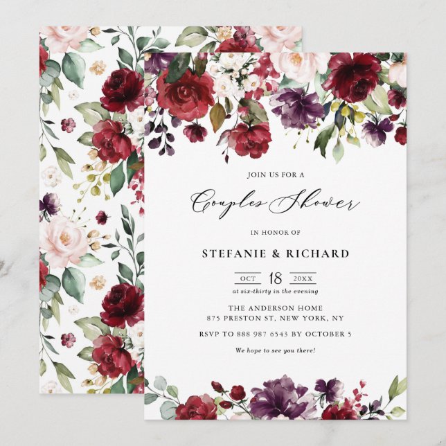 Red and Purple Floral Garland Couples Shower Invitation (Front/Back)