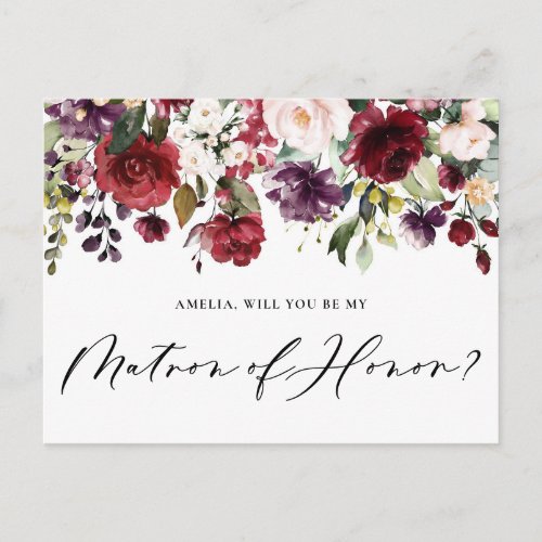 Red and Purple Flowers Be My Matron of Honor Postcard