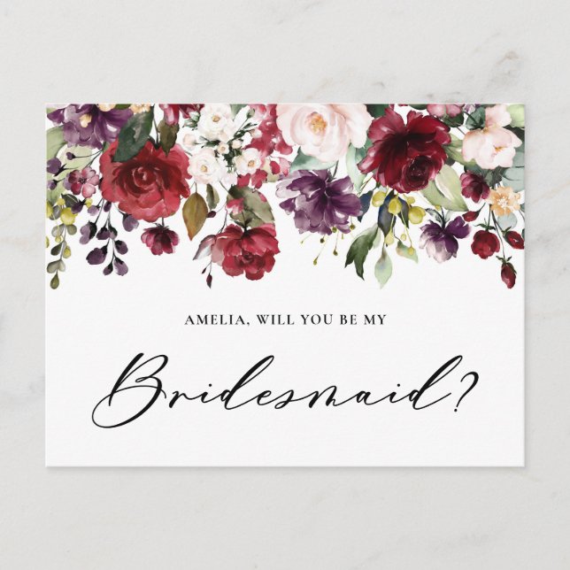 Red and Purple Flowers Will You Be My Bridesmaid Postcard (Front)