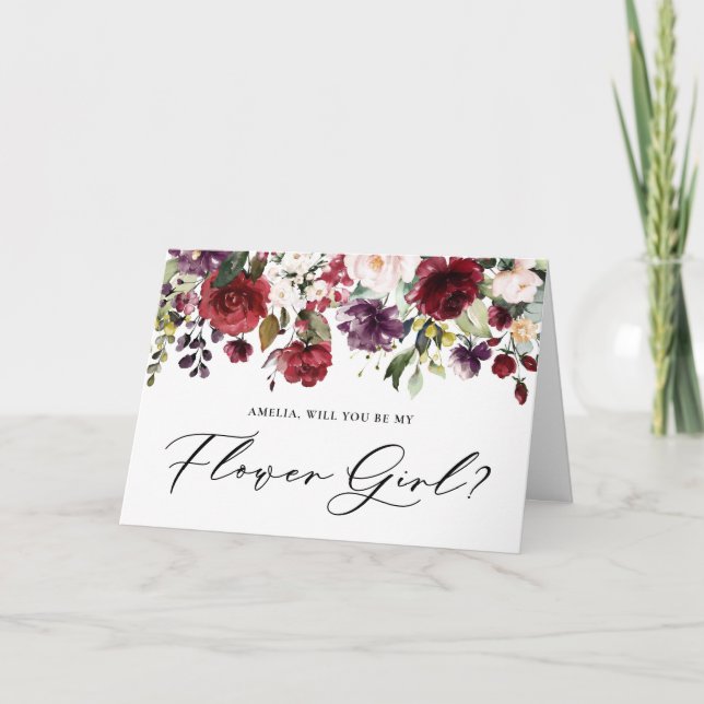 Red and Purple Flowers Will You Be My Flower Girl Card (Front)