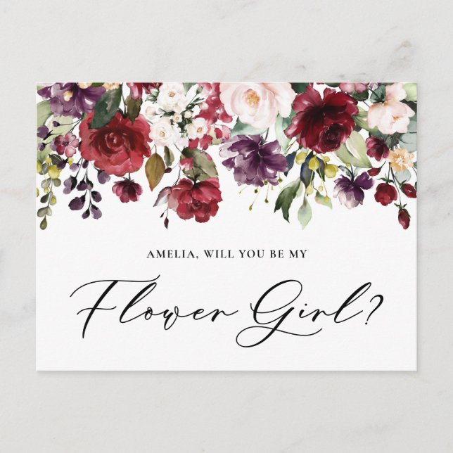 Red and Purple Flowers Will You Be My Flower Girl Postcard (Front)