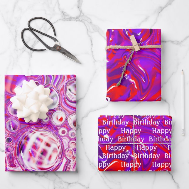Red and Purple Fluid Art Birthday Wrapping Paper Sheets (Front)
