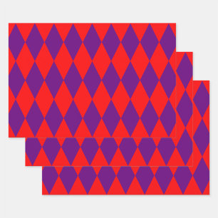 Red and Purple Harlequin Checkered Design Wrapping Paper Sheets