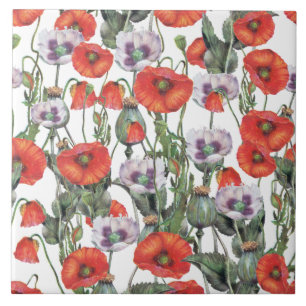 Red and Purple Poppies Pattern Ceramic Tile