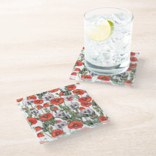 Red and Purple Poppies Pattern Glass Coaster