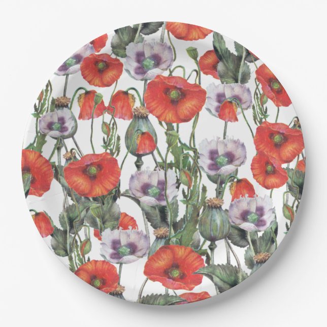 Red and Purple Poppies Pattern Paper Plates (Front)
