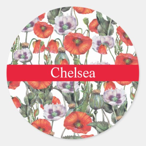 Red and Purple Poppies Pattern Personalized Classic Round Sticker