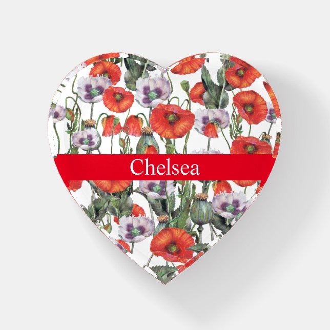 Red and Purple Poppies Pattern Personalized Paperweight (Front)