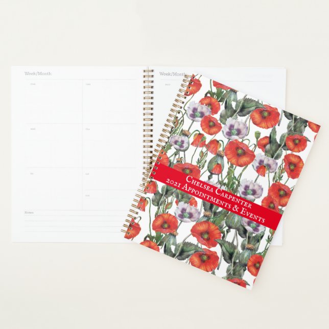 Red and Purple Poppies Pattern Personalized Planner (Display)