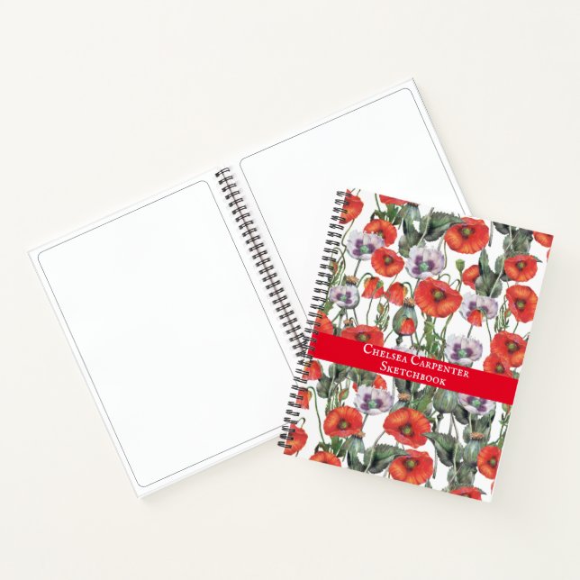 Red and Purple Poppies Pattern Personalized Sketch Notebook (Inside)