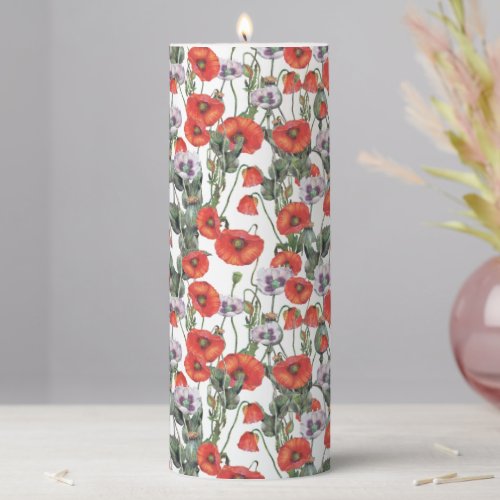 Red and Purple Poppies Pattern Pillar Candle