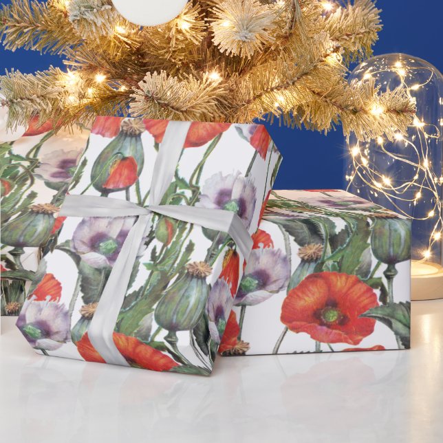 Red and Purple Poppies Pattern Wrapping Paper (Holidays)