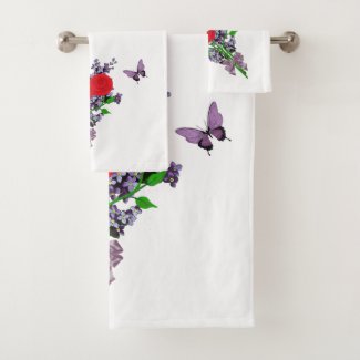 Red and Purple, Roses Lilacs and Butterflies Bath Towel Set