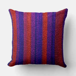 Red and Purple Stripe Leather Look Throw Pillow