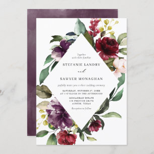 Red and Purple Watercolor Floral Frame Wedding Invitation