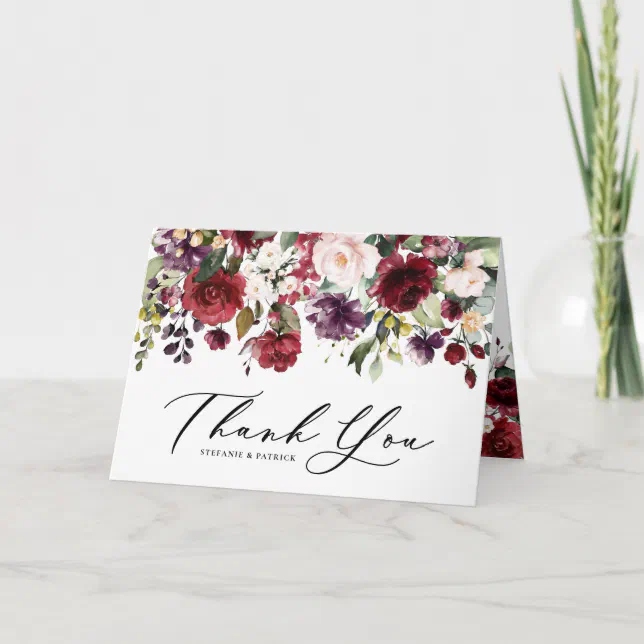 Red and Purple Watercolor Floral Garland Wedding Thank You Card | Zazzle