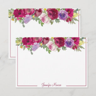 Red and purple watercolor flowers personalized note card