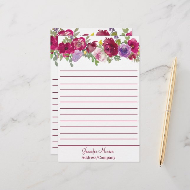 Red and purple watercolor flowers personalized  stationery (Front/Back In Situ)