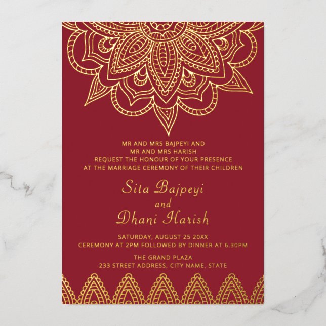 Red and Real Gold Foil Indian Wedding Invitation (Front)