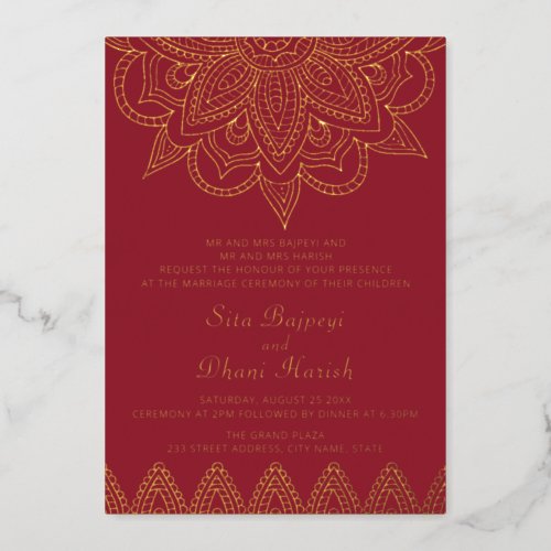 Red and Real Gold Foil Indian Wedding Invitation Foil Invitation