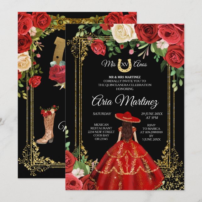 Red and Red Roses - Princess Quinceanera Invitation (Front/Back)