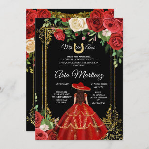 Red and Red Roses - Princess Quinceanera Invitation
