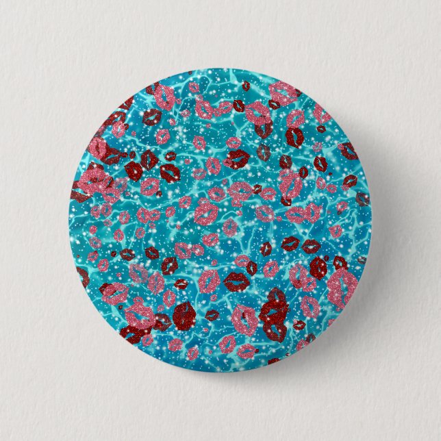 Red and rose kisses in the blue ocean button (Front)