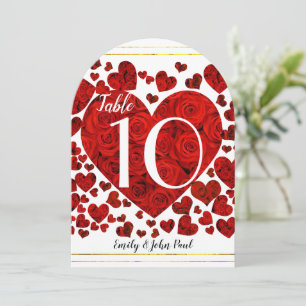 Red and Roses Hearts Wedding Table Number Card