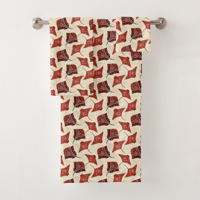 Red and Sand Tribal Stingrays Bath Towel Set (Insitu)