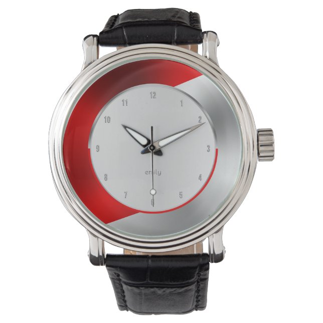 Red and shiny silver geometric design watch (Front)