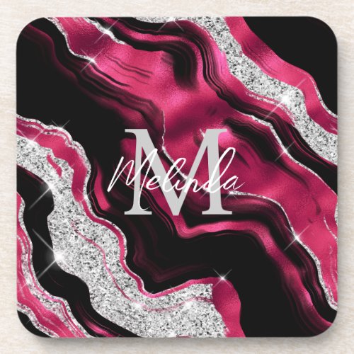 Red and Silver Abstract Agate Beverage Coaster