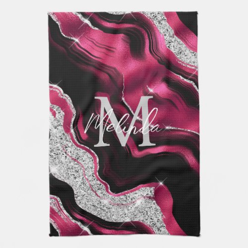 Red and Silver Abstract Agate Kitchen Towel