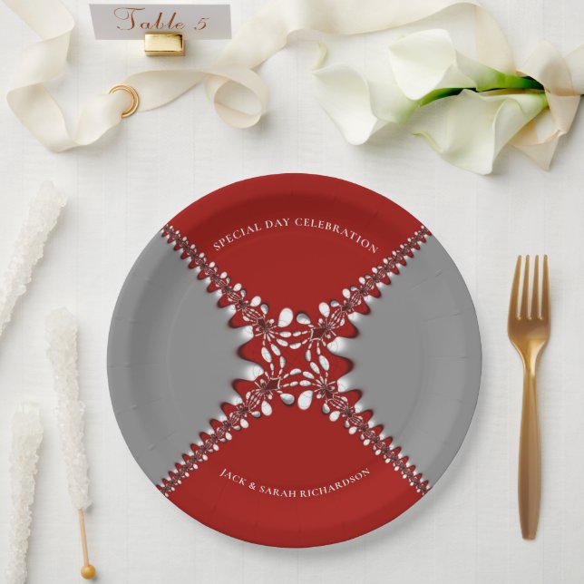 Red and Silver Batik Fractal Lace Paper Plates (Wedding)