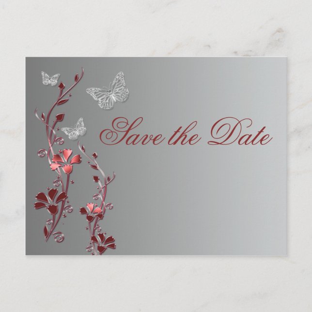 Red and Silver Butterflies Save the Date Postcard (Front)
